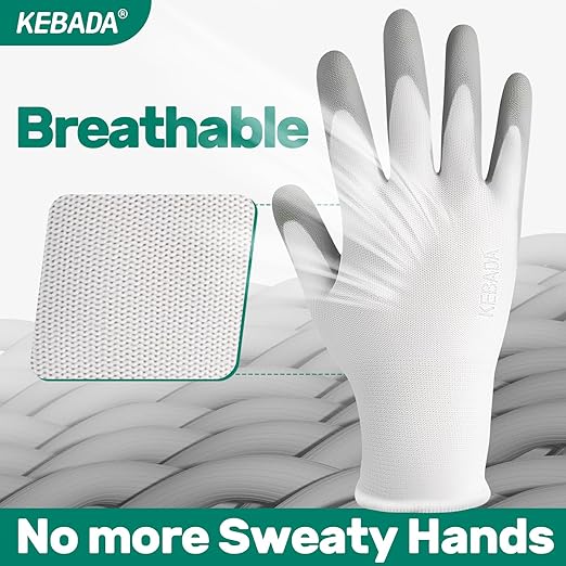 Kebada W1 Work Gloves for Men and Women, 12 Pairs Touchscreen Safety Gloves with Grip, PU-Coated, Ideal for Light & Medium Duty Tasks, White, XX-Large