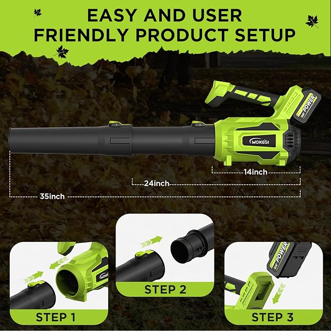 Leaf Blower Cordless, WOKEGI 21V 2 x 4.0Ah Batteries and Fast Charger, with 5-Speeds & Turbo Mode Electric Cordless Leaf Blower, Brushless,3 Tubes for Patio,Lawn,Yard,Garage,Blowing Leaves, Dust, Snow