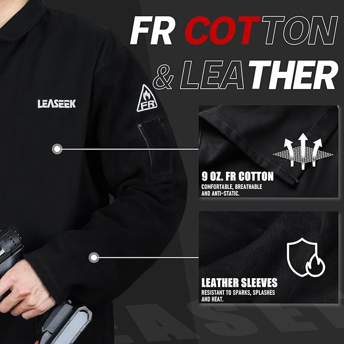 LeaSeek Welding Jacket Leather Sleeves | Flame Resistant (FR) Cotton Weld Coat | Welder Jacket for Men Women | Black, S-4XL
