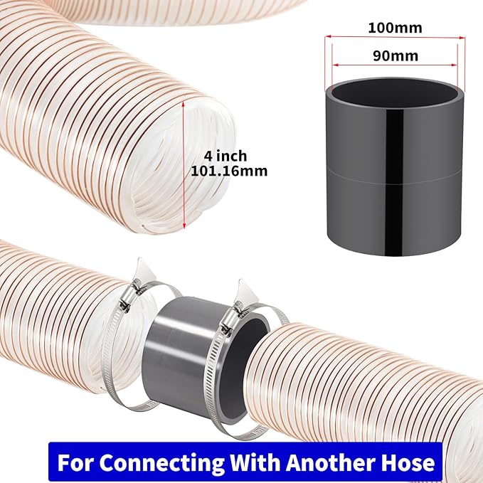 JUYO VONSAN 4 inch PU Heavy Duty Flex Hose - 30ft Clear Dust Debris Collector Hose With Clamps