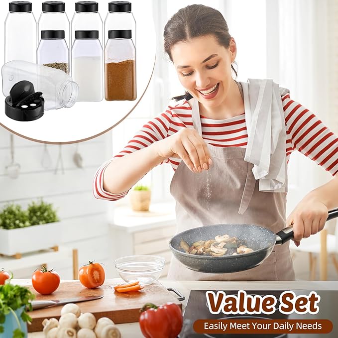 Mifoci 28 Pack 16 oz Plastic Spice Jars with Cap Square Plastic Bottle Containers with Shaker Lids and Stickers Large Seasoning Shaker Empty Powder Storage Container for Storing Salt Herbs (Black)