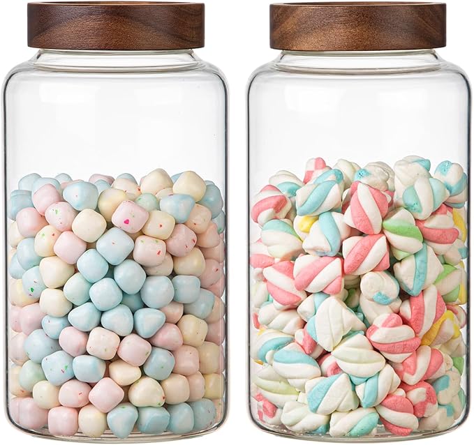 Large Glass Coffee Jars Round Storage Canister with Wooden Lid Clear Glass Food Jar for Pantry Sugar Tea Coffee Bean Spice Nuts Cookies Bath Salts