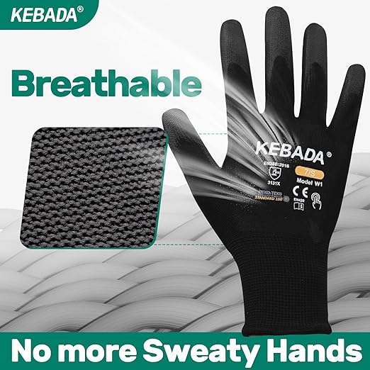 Kebada W1 Work Gloves for Men and Women, PU Coated Safety Gloves with Grip, Touchscreen, Ideal for Warehouse Package Handling, Construction, Gardening, Black X-Small