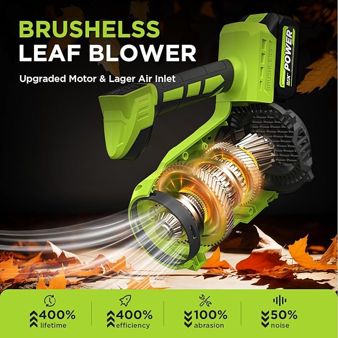 Leaf Blower Cordless, WOKEGI 21V 2 x 4.0Ah Batteries and Fast Charger, with 5-Speeds & Turbo Mode Electric Cordless Leaf Blower, Brushless,3 Tubes for Patio,Lawn,Yard,Garage,Blowing Leaves, Dust, Snow