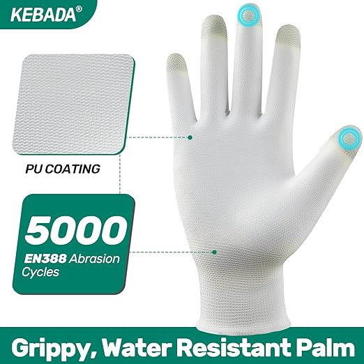 Kebada W1 Work Gloves for Men and Women, PU Coated Safety Gloves with Grip, Touchscreen, Ideal for Warehouse Package Handling, Construction, Gardening, White Medium