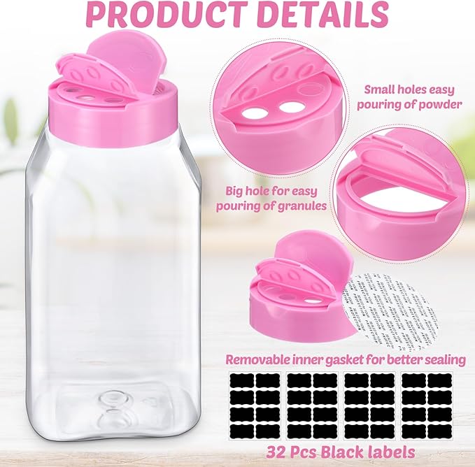 Mifoci 28 Pack 16 oz Plastic Spice Jars with Cap Square Plastic Bottle Containers with Shaker Lids and Stickers Large Seasoning Shaker Empty Powder Storage Container for Storing Salt Herbs (Pink)
