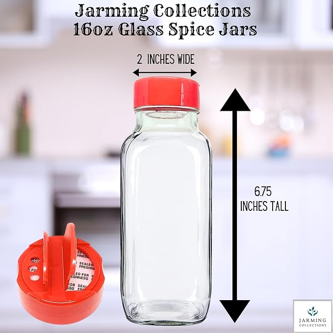 JARMING COLLECTIONS Glass Spice Jars with Shaker Lids - Spice Jars 16 oz for Food Storage, Spice Containers for Kitchen Organization, Organizing Bottles for Spices (French Square Red - 2pack)