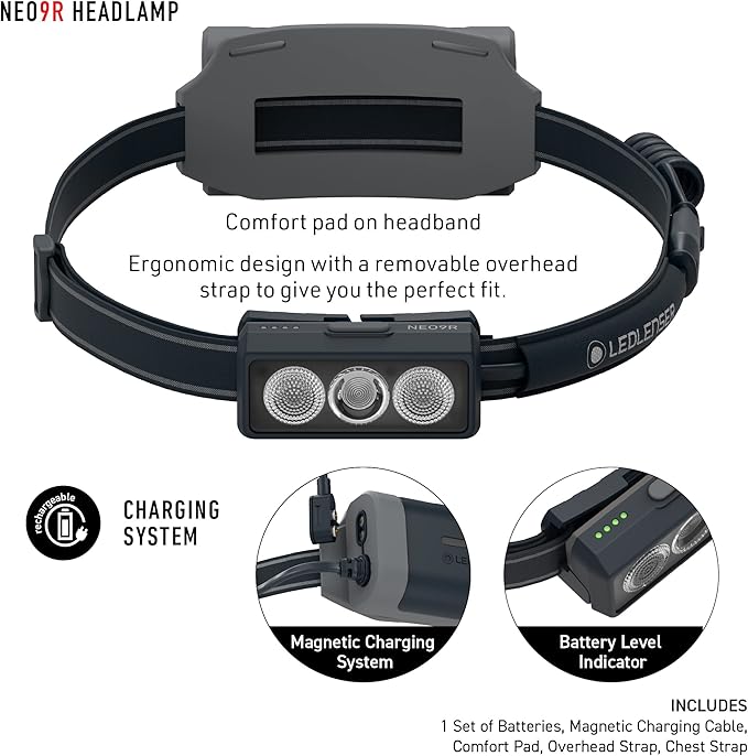 Ledlenser NEO9R LED headlamp Trail Running, Running lamp, Bright, 1200 lumens, Rechargeable, red Rear Light, Chest Strap, Reflective Headband (Black)