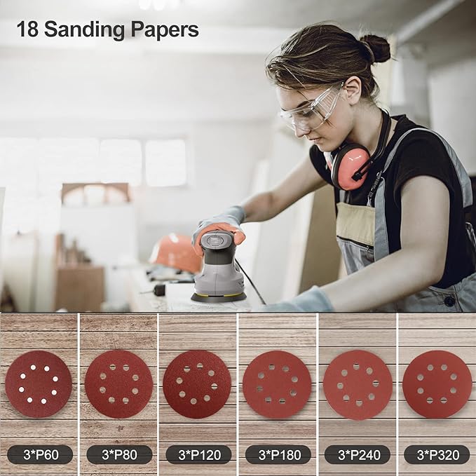 Jellas 5-Inch Random Orbital Sander with 18Pcs Sandpapers, 13000RPM 6 Variable Speed Sander Machine, High Performance Dust Collection System for Woodworking, 2.5A, Dust Collection Bag Include - OS280