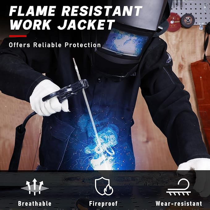 LeaSeek Welding Jacket Leather Sleeves | Flame Resistant (FR) Cotton Weld Coat | Welder Jacket for Men Women | Black, S-4XL