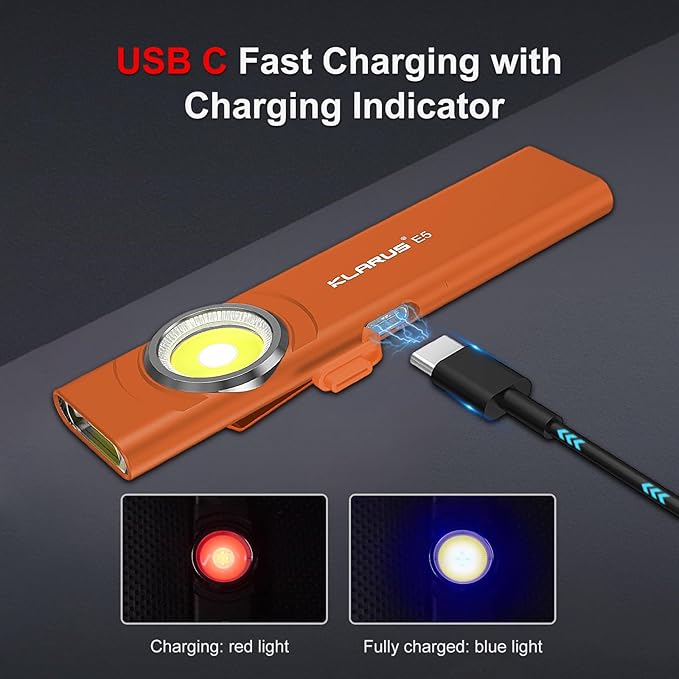 klarus E5 2Pcs Pocket Flashlight, Rechargeable EDC Flashlight, Super Slim 4.2x1x0.3inch, 600 Lumens, USB-C Port, IPX4, Dual Light Source with Magnetic Base, Hat & Clothes Clip