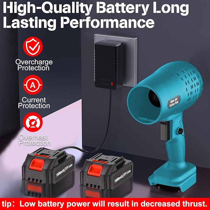 Leaf Blower with 21V*2 Pcs Batteries, 650000RPM Powerful Fan, High Variable Speed 200 MPH, Handheld Air Blower, Perfect for Car Drying, Patio Cleaning, Lawn Caring, Leaves Blowing (Blue)