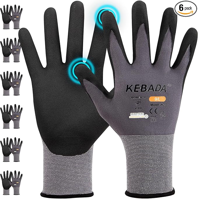 Kebada W2 Work Gloves for Men and Women, Nitrile Coated Working Gloves for Gardening, Construction, Warehouse, Safety Gloves for Work in Yard and Outdoors, 6 Pairs, XS