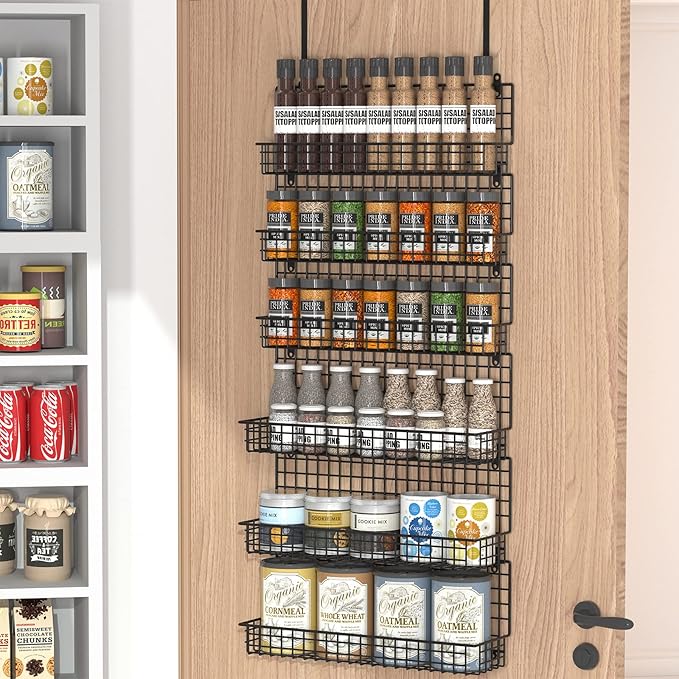 JKsmart 6-Tier Spice Rack Organizer with Door Hook, Wall Mounted & Over the Door Spice Racks for Kitchen Pantry Door Cabinet, Two Size, Large Capacity, Black