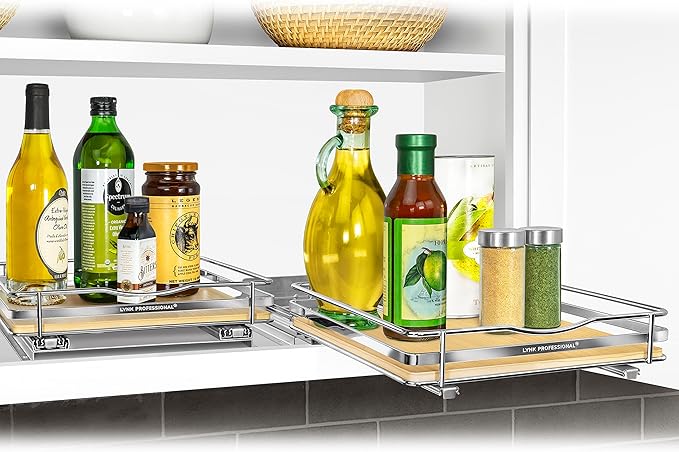 LYNK PROFESSIONAL® Élite™ Pull Out Spice Rack Organizer for Inside Kitchen Cabinets - 10-1/4 inch Wide - Slide Out Drawer – Wood/Chrome Sliding Spice Cabinet Organization Shelf Racks - 1 Tier