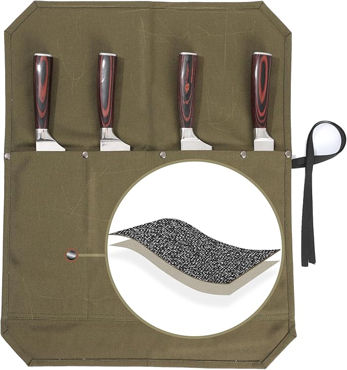 Kaaltisy Knife Roll Bag, 16oz Waxed Canvas Chefs Knife Bag with 4 Slots, Specialized Anti Cutting Fabric Knife Holder with Tie Rope | Army Green