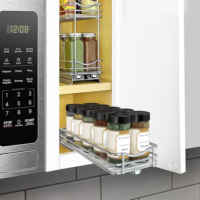LYNK PROFESSIONAL® Pull Out Spice Rack Organizer for Inside Kitchen Cabinets - 4-1/4 inch Wide - Slide Out Drawer – Chrome Sliding Spice Cabinet Organization Shelf Racks - 1 Tier