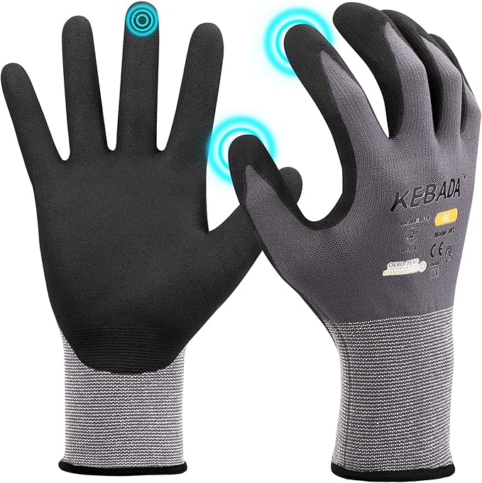 Kebada W2 Safety Work Gloves, Micro-Foam Nitrile Coated Gloves, Touchscreen,Ideal for Package Handling, Gardening, Construction, 1 Pair Medium