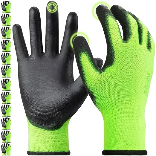 Kebada W1 Work Gloves for Men and Women, PU Coated Safety Gloves with Grip, Touchscreen, Ideal for Warehouse Package Handling, Construction, Gardening, Green X-Large