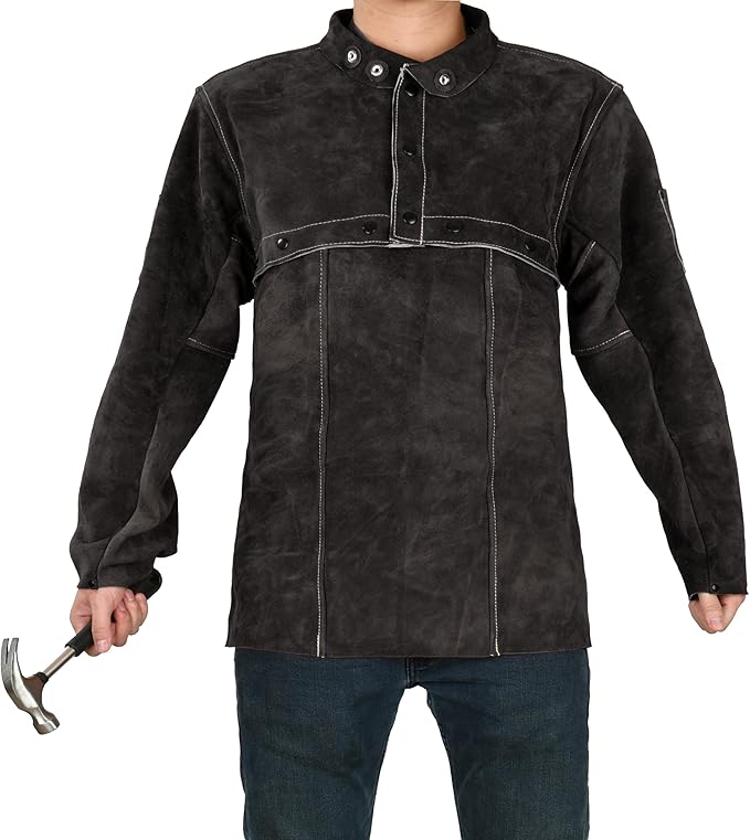 LeaSeek Leather Welding Jacket - Heavy Duty Welding Apron with Sleeve,Heat Flame Resistant Cowhide Weld Coat for Men Women.