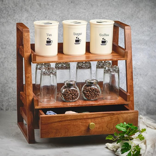Handcrafted Versatile Organizer with Drawer | 2-Tier Kitchen Storage Organizer | Spice Rack & Jars/Bottle Holder (18x18x10.7Inch)