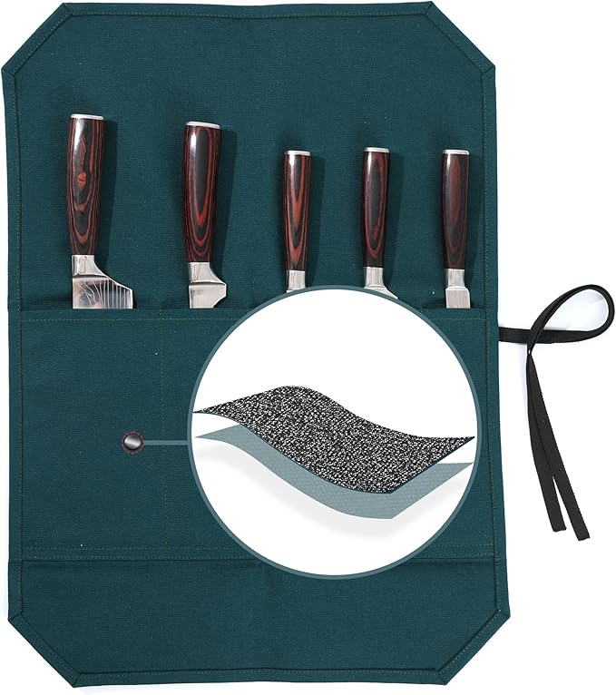 Kaaltisy Chef Knife Roll Bag, Heavy Duty 16oz Waxed Canvas Knife Storage Case, Knife Carrier Roll with Cut Resistant Fabric, 5 Slots Knife Bag with Tie Rope - Dark Green