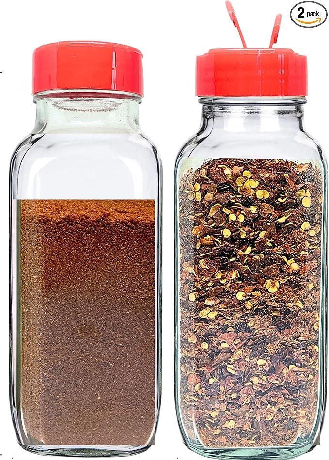 JARMING COLLECTIONS Glass Spice Jars with Shaker Lids - Spice Jars 16 oz for Food Storage, Spice Containers for Kitchen Organization, Organizing Bottles for Spices (French Square Red - 2pack)