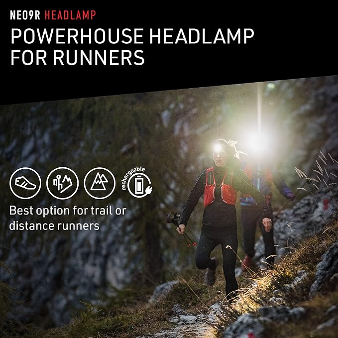 Ledlenser NEO9R LED headlamp Trail Running, Running lamp, Bright, 1200 lumens, Rechargeable, red Rear Light, Chest Strap, Reflective Headband (Black)