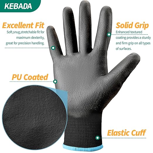 Kebada 120 Pairs Work Gloves Bulk Pack, Mens Work Gloves with Grip, PU Dipped Gloves for Warehouse, Construction, Gardening and Mechanics, Black, Medium