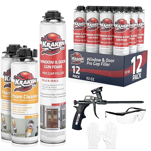 Kraken Bond Window & Door Expanding Foam Spray - (12x32oz) Professional Foam Sealant Gap Filler, Low Expansion Polyurethane Foam Spray for Holes, Gun Use, Gun&Cleaner Included - 12 Pack