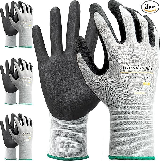 Kebada Foam Nitrile Coated Work Gloves, 3 Pairs Nylon Gloves with Grip, Ideal for Package Handling, Warehouse, Mechanic and Light Duty Construction, Small