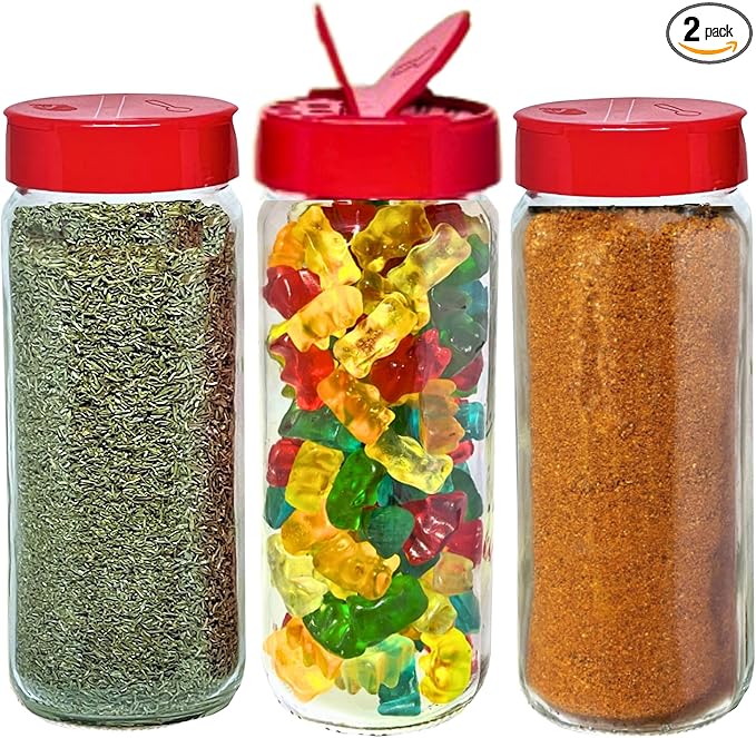 JARMING COLLECTIONS Glass Spice Jars with Shaker Lids - Spice Jars 16 oz for Food Storage, Spice Containers for Kitchen Organization, Organizing Bottles for Spices (Red - Set of 3)