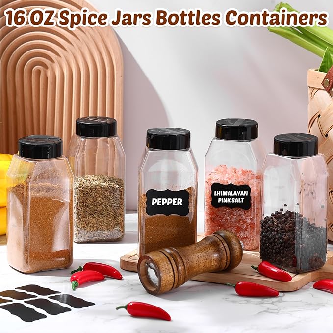 Mifoci 28 Pack 16 oz Plastic Spice Jars with Cap Square Plastic Bottle Containers with Shaker Lids and Stickers Large Seasoning Shaker Empty Powder Storage Container for Storing Salt Herbs (Black)