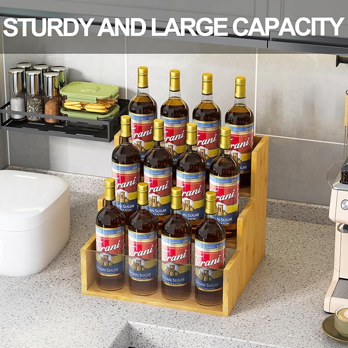 Liquor Bottle Display Shelf Bar Shelves - Bamboo 12 Bottle Syrup Rack for Coffee Bar, Wine Bottle, Spices, Liquor and Whiskey Bottle Display