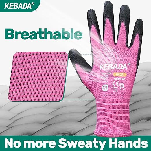 Kebada W1 Work Gloves Women, PU Coated Safety Gloves with Grip, Touchscreen, Ideal for Warehouse Package Handling, Construction, Gardening, Pink Medium