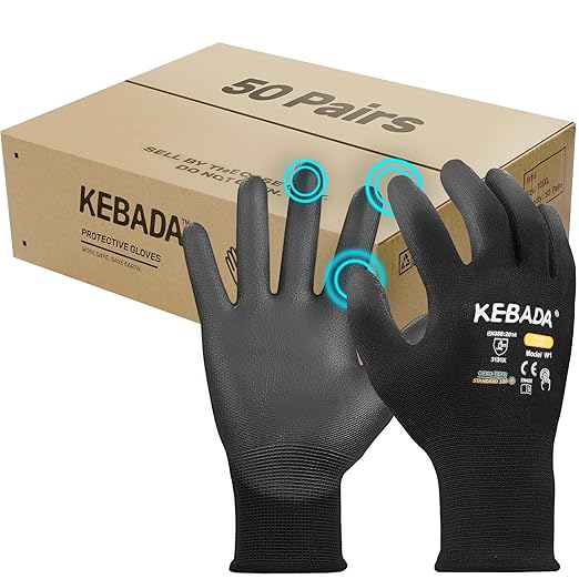 Kebada W1 Safety Work Gloves, PU Coated Touch Screen Work Gloves with Grip, Bulk Pack Working Gloves for Warehouse, Construction, Gardening and Mechanic Use, Black, 50 Pairs, Small