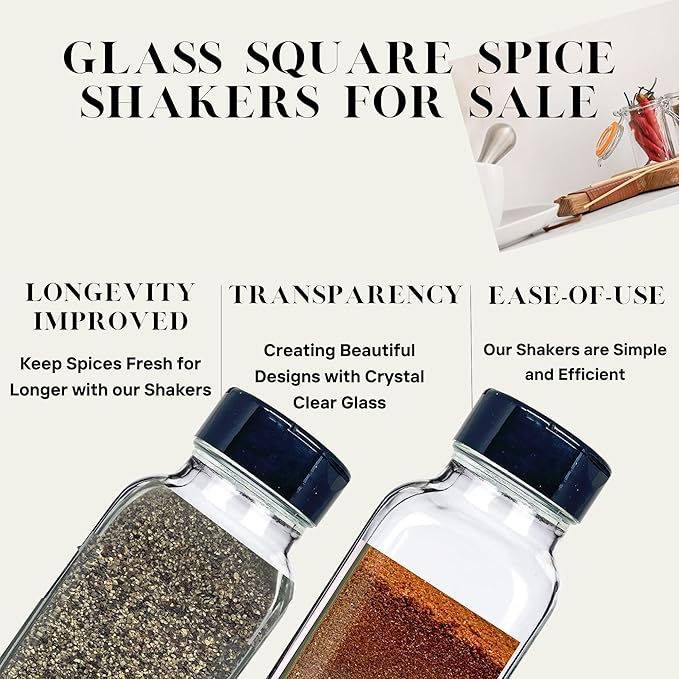 JARMING COLLECTIONS 8 oz Glass French Square Spice Jars with Shaker Lids - Elegant Design for Food Storage and Kitchen Organization - Enhance Your Spice Storage – Made in USA