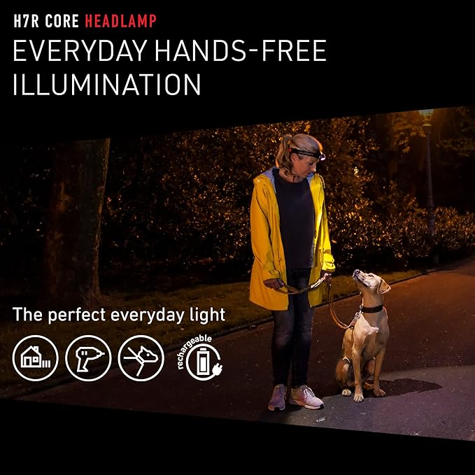 Ledlenser, H7R Core Rechargeable Headlamp, High Power LED, 1000 Lumens, Hands-Free Light for Home, Waterproof, Outdoor, Camping, and Emergency Use, Black