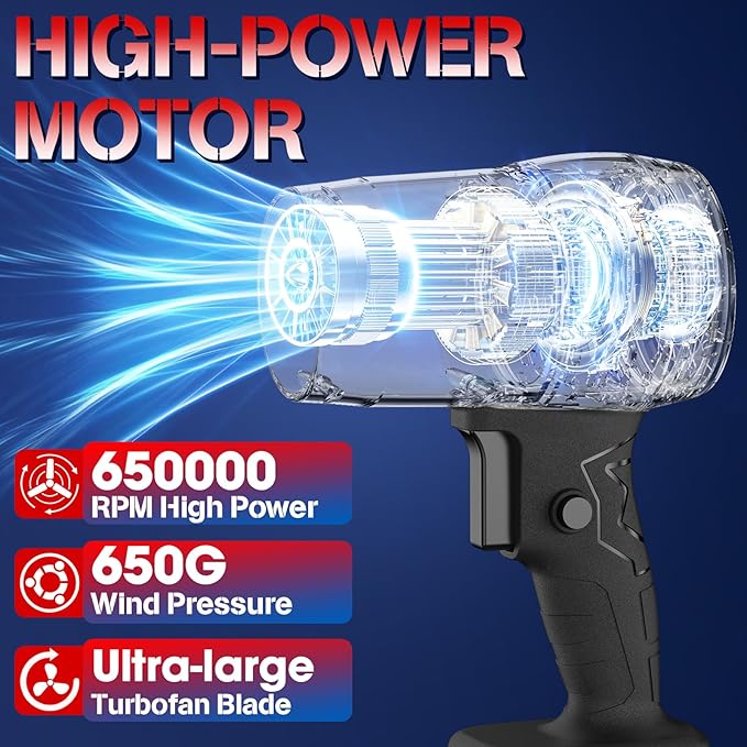 Leaf Blower with 21V*2 Pcs Batteries, 650000RPM Powerful Fan, High Variable Speed 200 MPH, Handheld Air Blower, Perfect for Car Drying, Patio Cleaning, Lawn Caring, Leaves Blowing (Black)