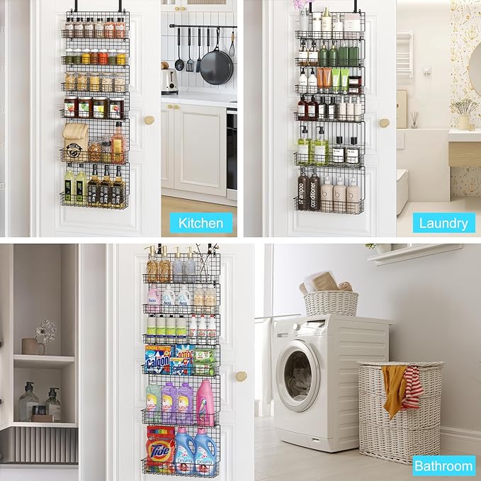 JKsmart High Capacity 6-Tier Spice Rack Organizer with Door Hook, Wall-Mounted & Over-the-Door for Kitchen Pantry Cabinet - Black