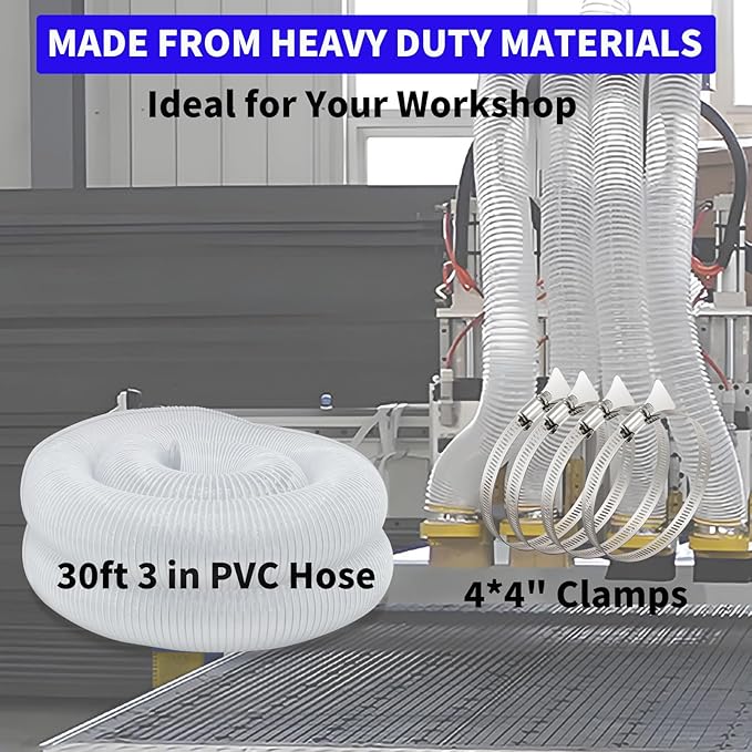 JUYO VONSAN 3 inch Dust Collection Hose 30ft 3” Flex Heavy Duty Clear PVC Debris Dust Collector Hose With Clamps (3'' X 30ft)