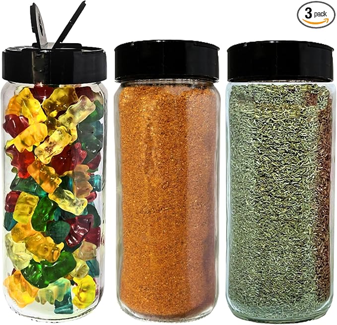 JARMING COLLECTIONS 16oz Glass Spice Shakers with Lids – Set of 3 Large Seasoning Containers with Shaker Tops for Kitchen, Pantry & Herb Storage (3 pack)