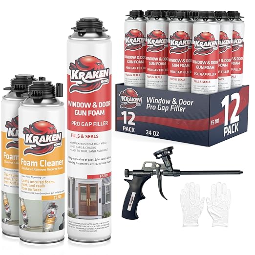 Kraken Bond Window & Door Expanding Foam Sealant - (12x24oz) Professional Gap Filling Gun Use Polyurethane Spray Foam, Low Expansion Waterproof Gap Filler, Gun&Cleaner Included - 12 Pack