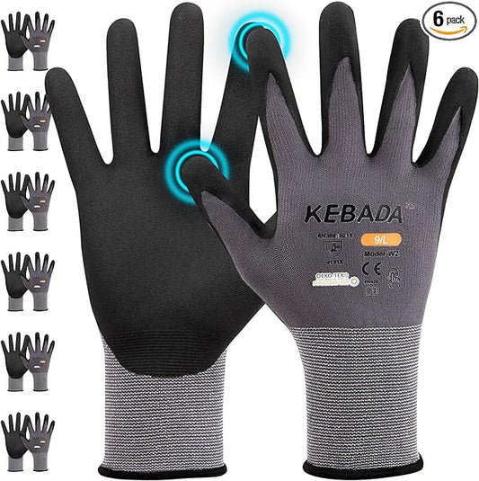 Kebada W2 Work Gloves for Men and Women, Nitrile Coated Working Gloves for Gardening, Construction, Warehouse, Safety Gloves for Work in Yard and Outdoors, 6 Pairs, XL