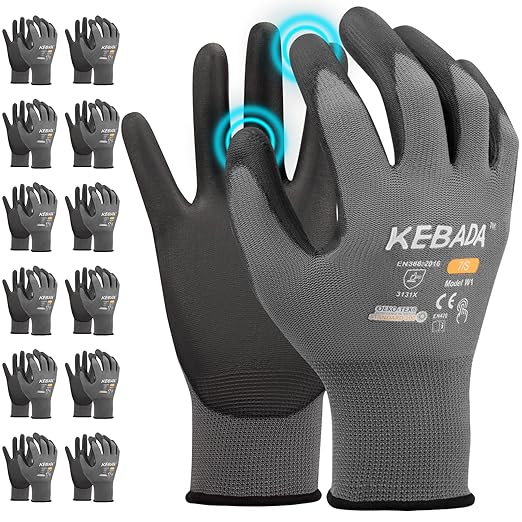 Kebada W1 Work Gloves for Men and Women, PU Coated Safety Gloves with Grip, Touchscreen, Ideal for Warehouse Package Handling, Construction, Gardening, 12 Pairs Gray Medium