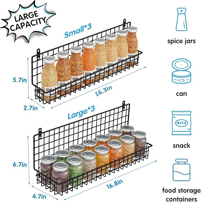 JKsmart 6-Tier Spice Rack Organizer with Door Hook, Wall Mounted & Over the Door Spice Racks for Kitchen Pantry Door Cabinet, Two Size, Large Capacity, Black