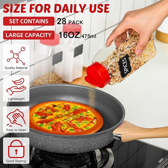 Mifoci 28 Pack 16 oz Plastic Spice Jars with Cap Square Plastic Bottle Containers with Shaker Lids and Stickers Large Seasoning Shaker Empty Powder Storage Container for Storing Salt Herbs (Red)