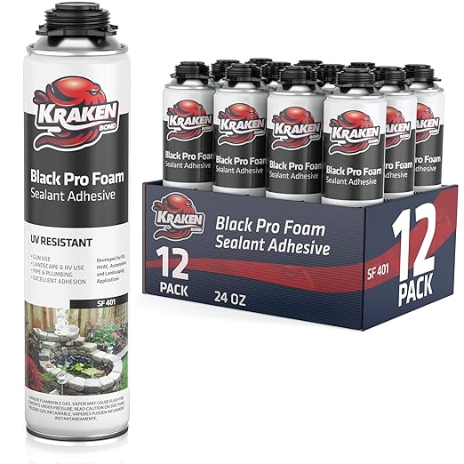 Kraken Bond Black Spray Waterfall Foam Sealant - (12x24oz) Expanding Polyurethane Pond Foam Sealer Black, UV Resistant Insulating Spray for Landscape & Exterior, Gun Not Included, 12 Pack