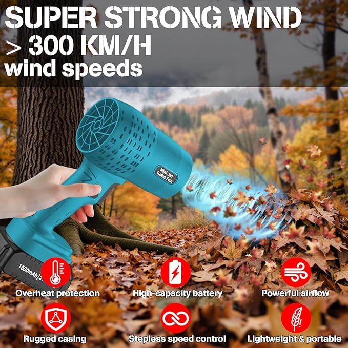 Leaf Blower with 21V*2 Pcs Batteries, 650000RPM Powerful Fan, High Variable Speed 200 MPH, Handheld Air Blower, Perfect for Car Drying, Patio Cleaning, Lawn Caring, Leaves Blowing (Blue)