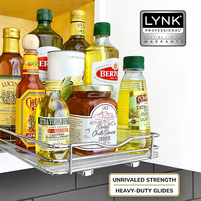LYNK PROFESSIONAL® Pull Out Spice Rack Organizer for Inside Kitchen Cabinets - 8-1/4 inch Wide - Slide Out Drawer – Chrome Sliding Spice Cabinet Organization Shelf Racks - 1 Tier
